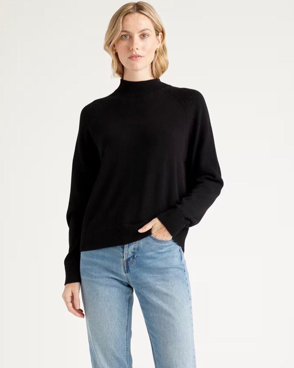 Quince Organic Cotton Mock Neck Sweater Black Knit Pullover XXL Soft Minimalist